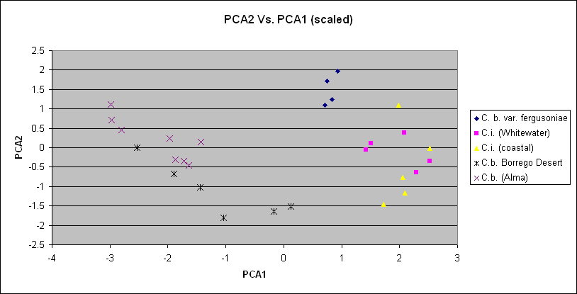 Plot of Principle Component 2 (PCA2) vs. Principle Component 2 (PCA2) for Whitewater and non-Whitewater specimens